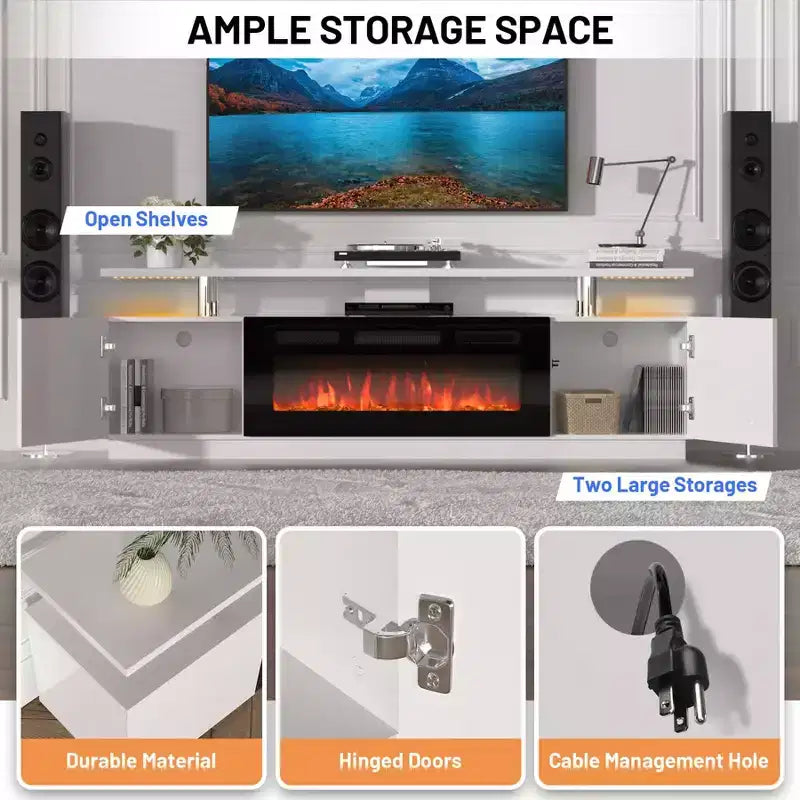 Mueble de TV con Chimenea de 70'' con Chimenea de 36'', Centro de Entretenimiento, Mueble Consola de TV de 2 Niveles con Armario de Almacenamiento, Calentador de Chimenea Eléctrico