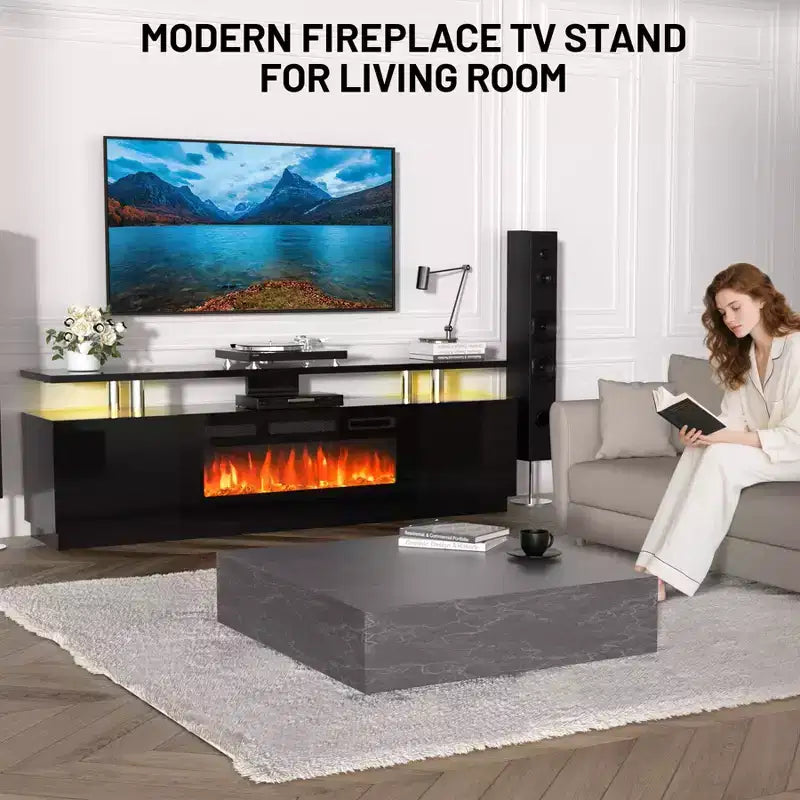 Mueble de TV con Chimenea de 70'' con Chimenea de 36'', Centro de Entretenimiento, Mueble Consola de TV de 2 Niveles con Armario de Almacenamiento, Calentador de Chimenea Eléctrico