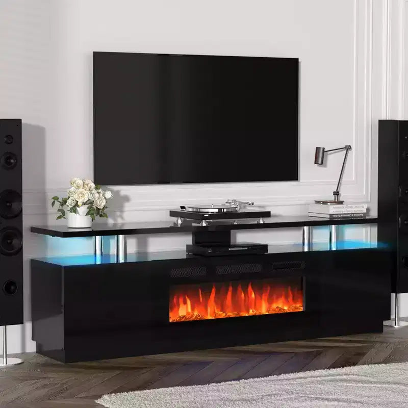 Mueble de TV con Chimenea de 70'' con Chimenea de 36'', Centro de Entretenimiento, Mueble Consola de TV de 2 Niveles con Armario de Almacenamiento, Calentador de Chimenea Eléctrico