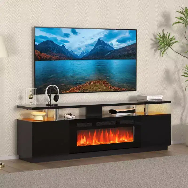 Mueble de TV con Chimenea de 70'' con Chimenea de 36'', Centro de Entretenimiento, Mueble Consola de TV de 2 Niveles con Armario de Almacenamiento, Calentador de Chimenea Eléctrico