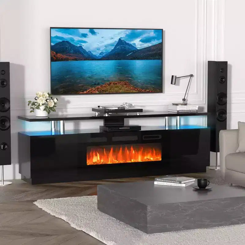 Mueble de TV con Chimenea de 70'' con Chimenea de 36'', Centro de Entretenimiento, Mueble Consola de TV de 2 Niveles con Armario de Almacenamiento, Calentador de Chimenea Eléctrico