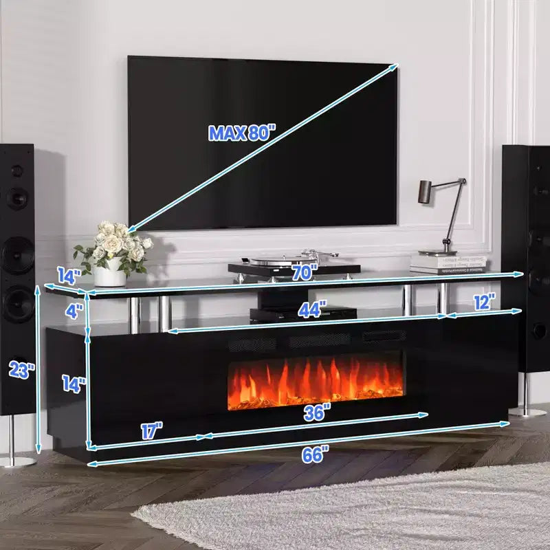 Mueble de TV con Chimenea de 70'' con Chimenea de 36'', Centro de Entretenimiento, Mueble Consola de TV de 2 Niveles con Armario de Almacenamiento, Calentador de Chimenea Eléctrico