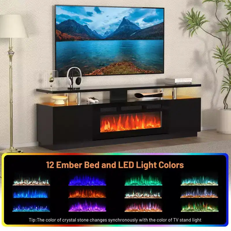 Mueble de TV con Chimenea de 70'' con Chimenea de 36'', Centro de Entretenimiento, Mueble Consola de TV de 2 Niveles con Armario de Almacenamiento, Calentador de Chimenea Eléctrico