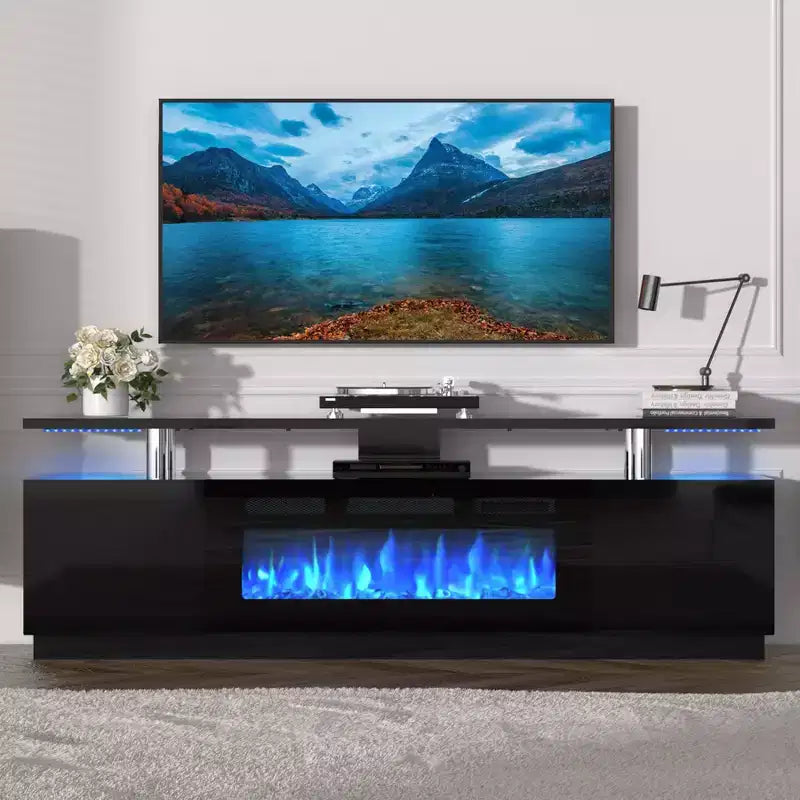 70'' Fireplace TV Stand with 36'' Firplace, Entertainment Center, 2 Tier TV Console Cabinet with Storage Cabinet, Electric Fireplace Heater