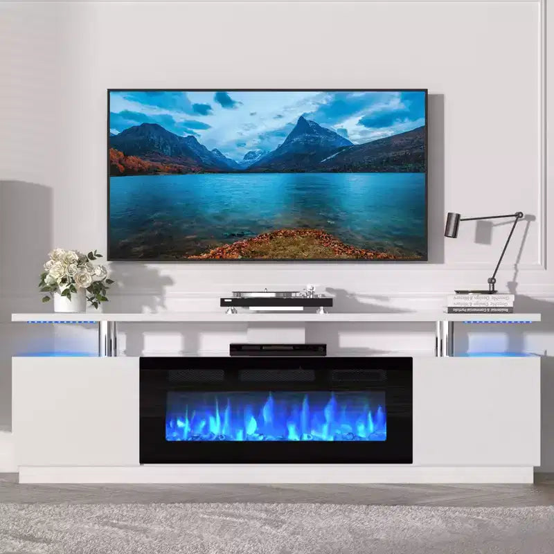 Mueble de TV con Chimenea de 70'' con Chimenea de 36'', Centro de Entretenimiento, Mueble Consola de TV de 2 Niveles con Armario de Almacenamiento, Calentador de Chimenea Eléctrico