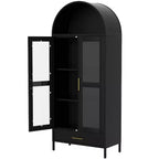 GustoWave 73 Tall Arched Metal Storage Cabinet w/Glass Doors & Drawer, Pantry Cabinet w/Adjustable Shelves, Modern Accent Bookshelf, Black