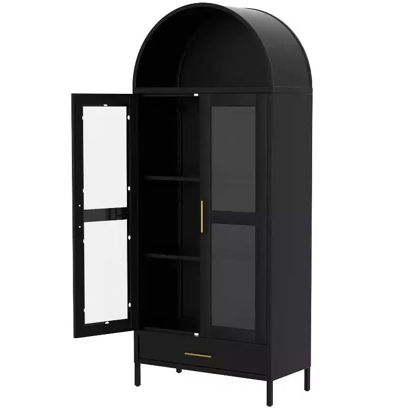 GustoWave 73 Tall Arched Metal Storage Cabinet w/Glass Doors & Drawer, Pantry Cabinet w/Adjustable Shelves, Modern Accent Bookshelf, Black