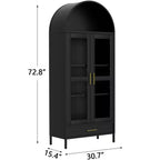 Armario de almacenamiento de metal arqueado de 73" con puertas de vidrio y cajón, armario de despensa con estantes ajustables, estantería moderna, negro