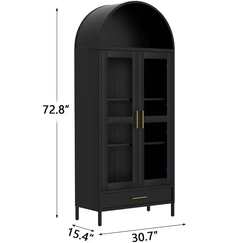 Armario de almacenamiento de metal arqueado de 73" con puertas de vidrio y cajón, armario de despensa con estantes ajustables, estantería moderna, negro