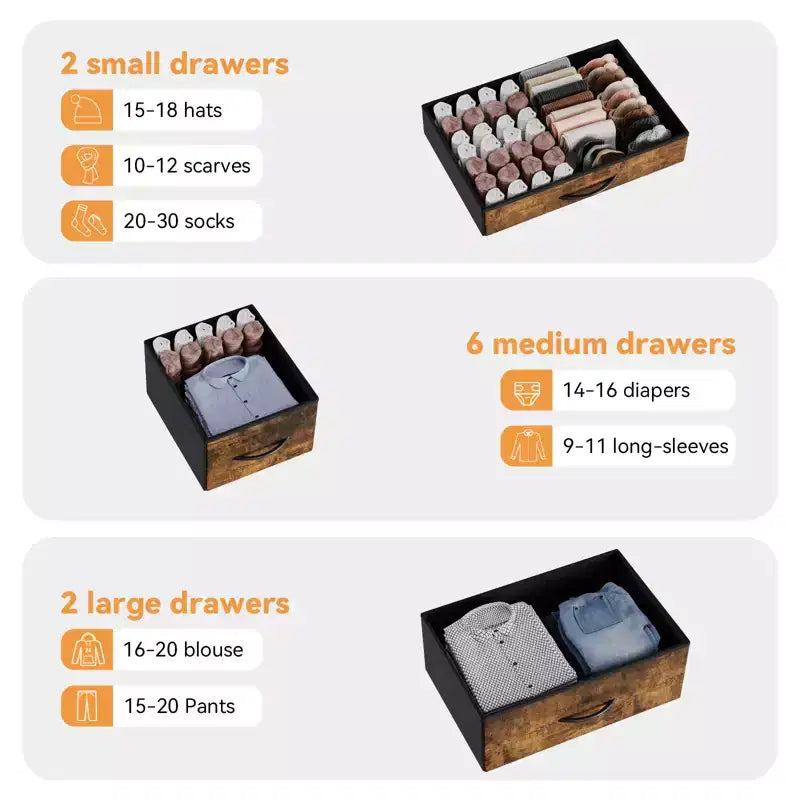 Cómoda para dormitorio con 6 cajones, cómoda ancha de tela para TV de 55" con marco de metal, tapa de madera, organizador de almacenamiento de tela para sala de estar