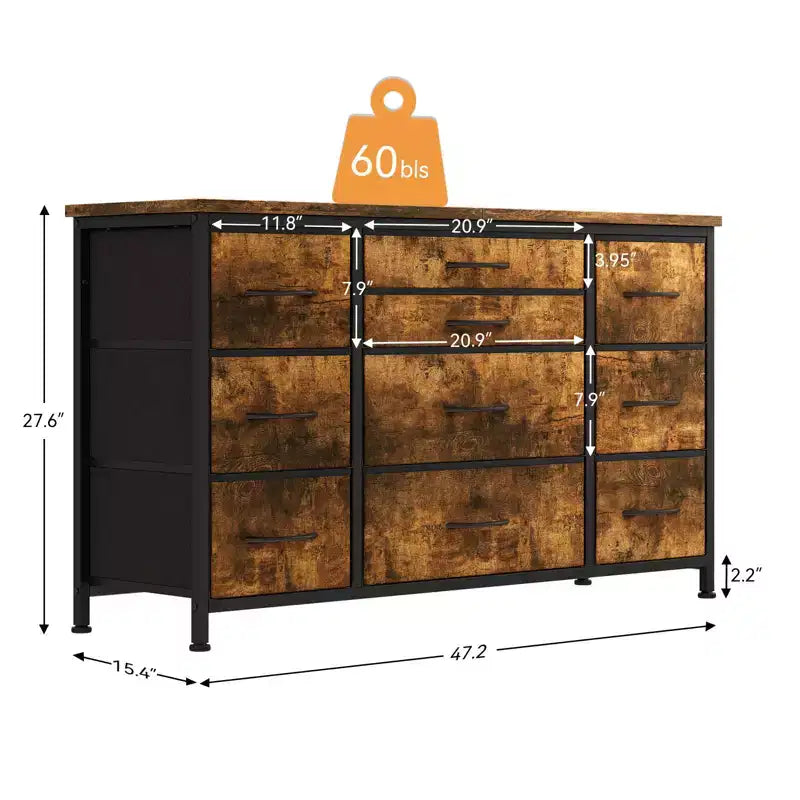 Cómoda para dormitorio con 6 cajones, cómoda ancha de tela para TV de 55" con marco de metal, tapa de madera, organizador de almacenamiento de tela para sala de estar