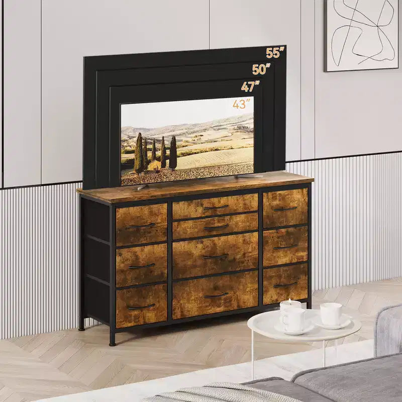 Cómoda para dormitorio con 6 cajones, cómoda ancha de tela para TV de 55" con marco de metal, tapa de madera, organizador de almacenamiento de tela para sala de estar