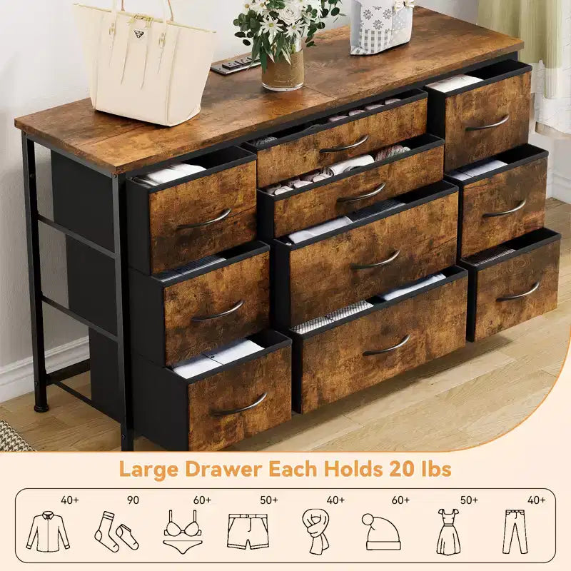 Cómoda para dormitorio con 6 cajones, cómoda ancha de tela para TV de 55" con marco de metal, tapa de madera, organizador de almacenamiento de tela para sala de estar