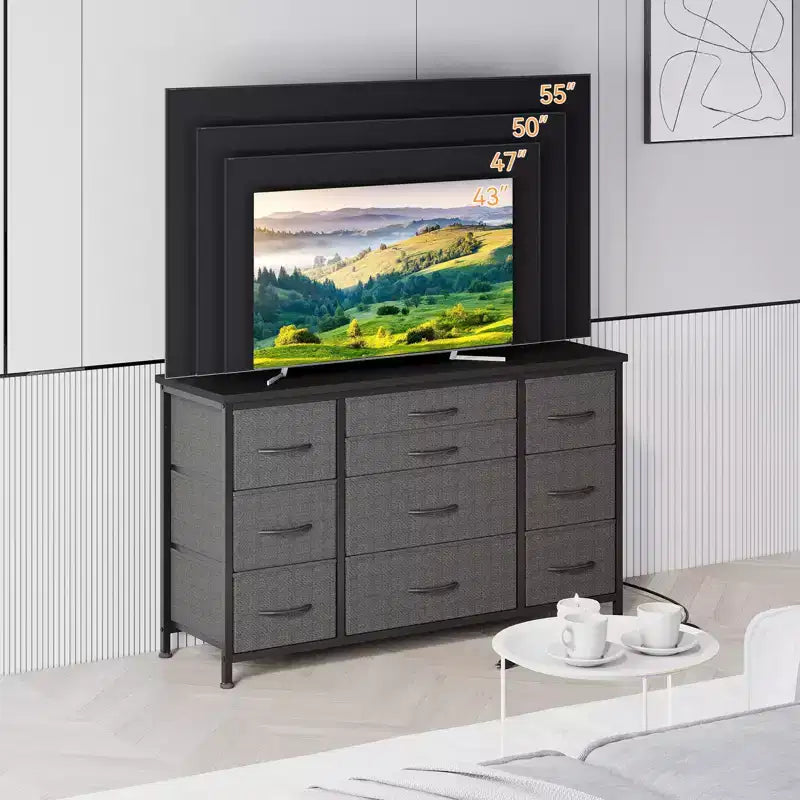 Cómoda para dormitorio con 6 cajones, cómoda ancha de tela para TV de 55" con marco de metal, tapa de madera, organizador de almacenamiento de tela para sala de estar