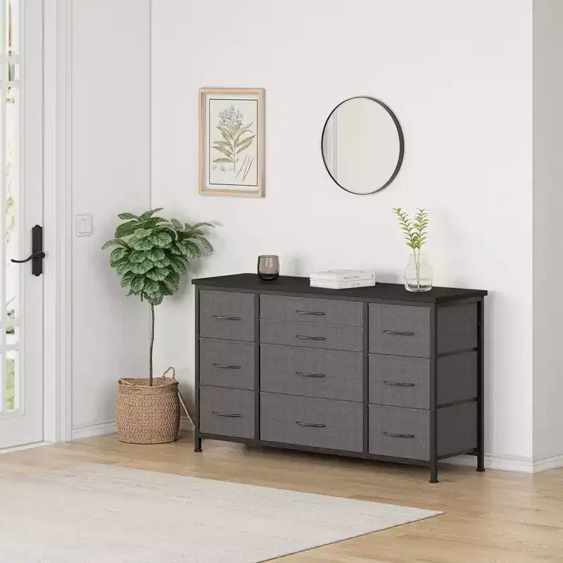 Cómoda para dormitorio con 6 cajones, cómoda ancha de tela para TV de 55" con marco de metal, tapa de madera, organizador de almacenamiento de tela para sala de estar