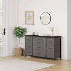 Cómoda para dormitorio con 6 cajones, cómoda ancha de tela para TV de 55" con marco de metal, tapa de madera, organizador de almacenamiento de tela para sala de estar