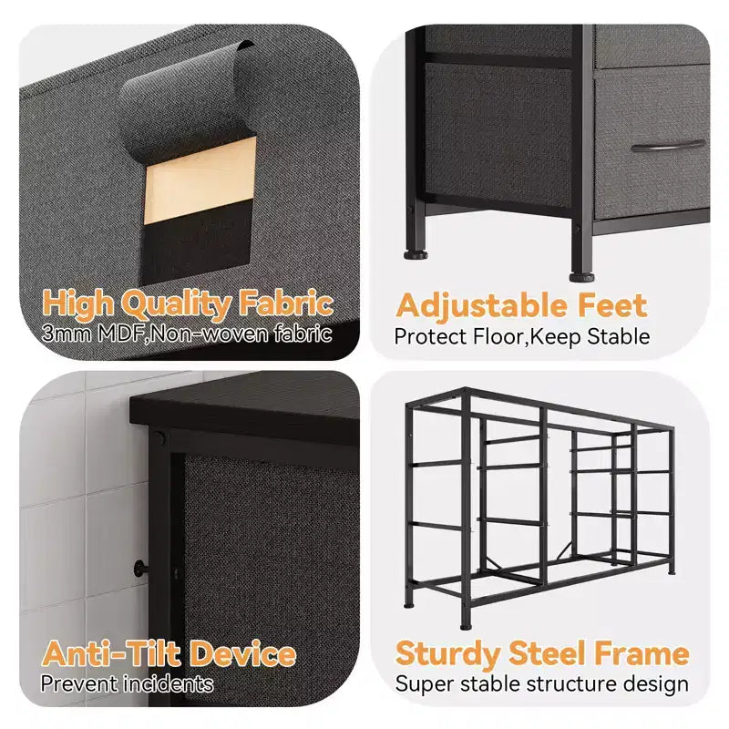Cómoda para dormitorio con 6 cajones, cómoda ancha de tela para TV de 55" con marco de metal, tapa de madera, organizador de almacenamiento de tela para sala de estar