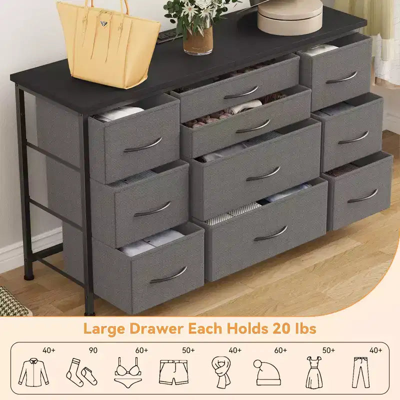 Cómoda para dormitorio con 6 cajones, cómoda ancha de tela para TV de 55" con marco de metal, tapa de madera, organizador de almacenamiento de tela para sala de estar