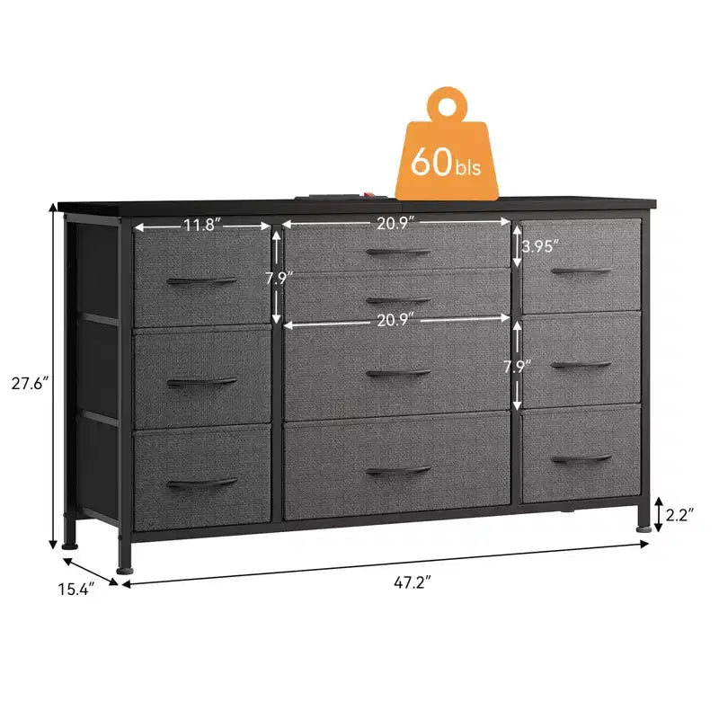 Cómoda para dormitorio con 6 cajones, cómoda ancha de tela para TV de 55" con marco de metal, tapa de madera, organizador de almacenamiento de tela para sala de estar