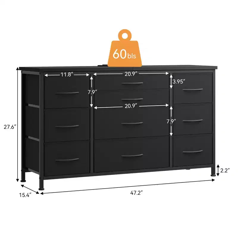 Cómoda para dormitorio con 6 cajones, cómoda ancha de tela para TV de 55" con marco de metal, tapa de madera, organizador de almacenamiento de tela para sala de estar