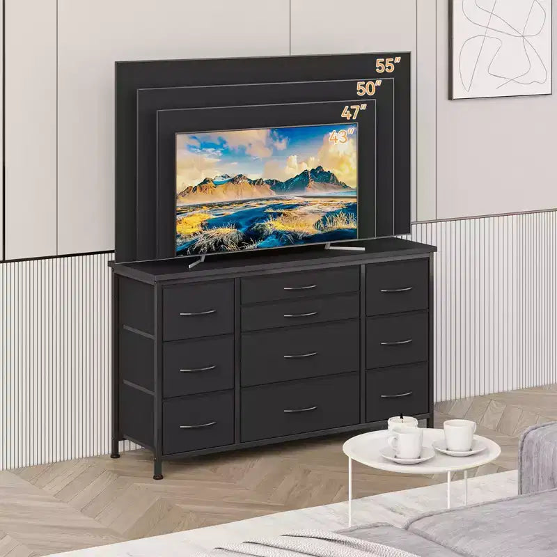 Cómoda para dormitorio con 6 cajones, cómoda ancha de tela para TV de 55" con marco de metal, tapa de madera, organizador de almacenamiento de tela para sala de estar