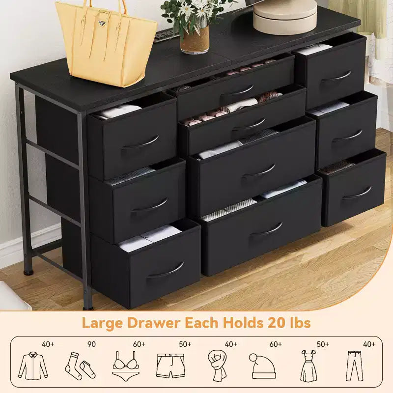 Cómoda para dormitorio con 6 cajones, cómoda ancha de tela para TV de 55" con marco de metal, tapa de madera, organizador de almacenamiento de tela para sala de estar