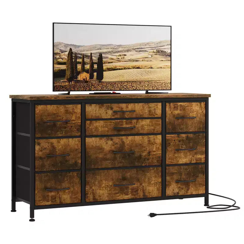 Cómoda para dormitorio con 6 cajones, cómoda ancha de tela para TV de 55" con marco de metal, tapa de madera, organizador de almacenamiento de tela para sala de estar
