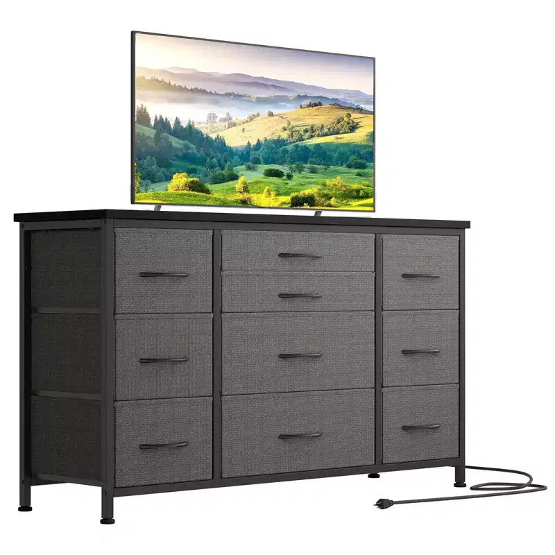 Cómoda para dormitorio con 6 cajones, cómoda ancha de tela para TV de 55" con marco de metal, tapa de madera, organizador de almacenamiento de tela para sala de estar