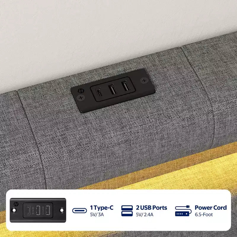 Cabecero tapizado con luces LED y estación de carga, cabecero de tela moderno para dormitorio, altura ajustable y fácil montaje, negro