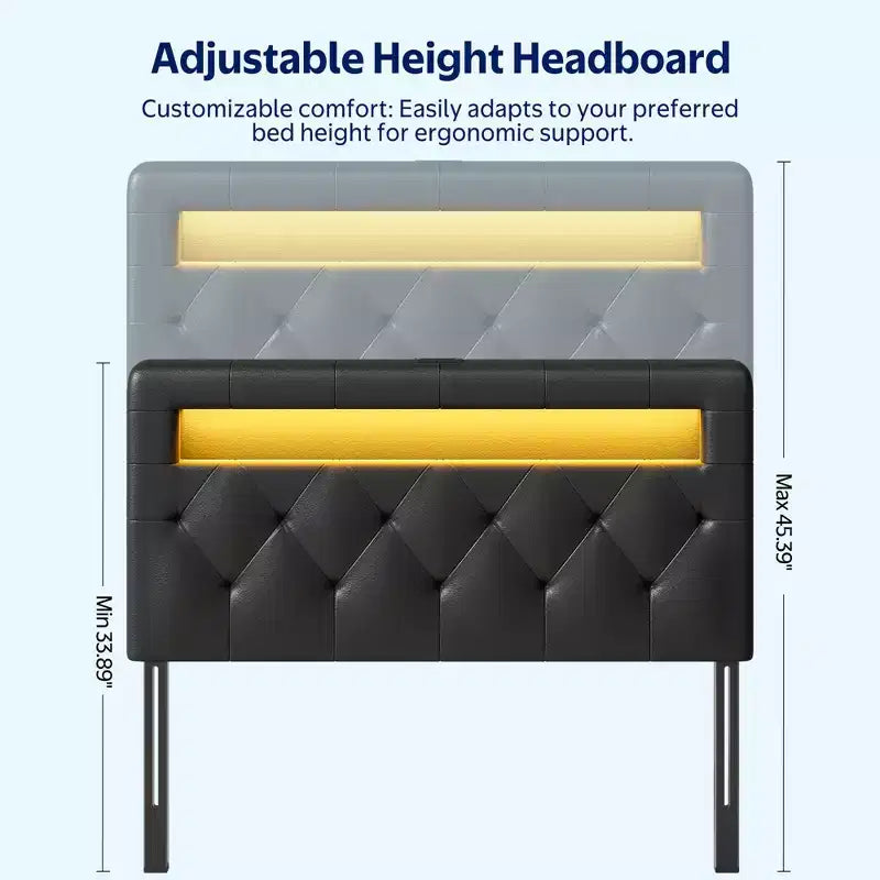 Cabecero tapizado con luces LED y estación de carga, cabecero de tela moderno para dormitorio, altura ajustable y fácil montaje, negro