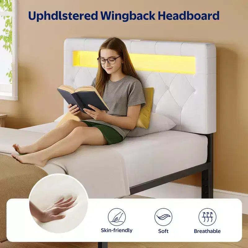 Cabecero tapizado con luces LED y estación de carga, cabecero de tela moderno para dormitorio, altura ajustable y fácil montaje, negro
