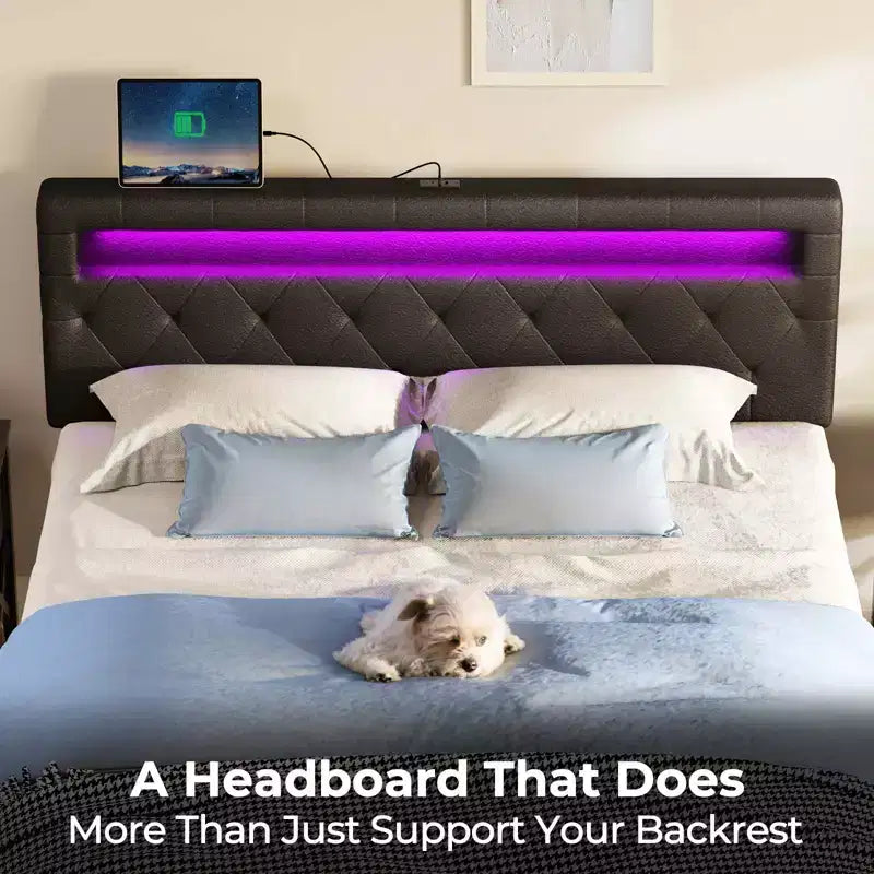 Cabecero tapizado con luces LED y estación de carga, cabecero de tela moderno para dormitorio, altura ajustable y fácil montaje, negro