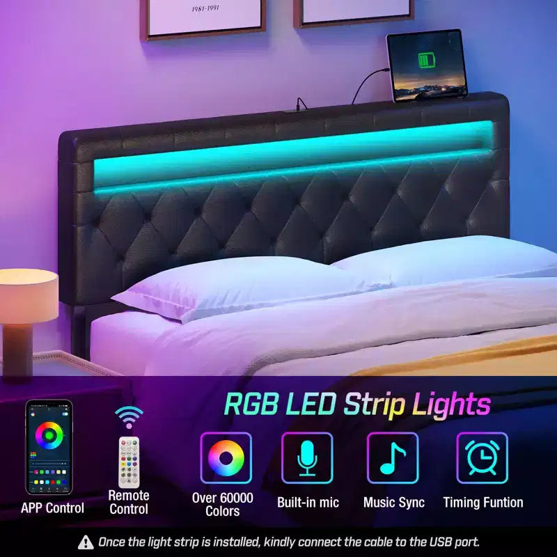 Cabecero tapizado con luces LED y estación de carga, cabecero de tela moderno para dormitorio, altura ajustable y fácil montaje, negro