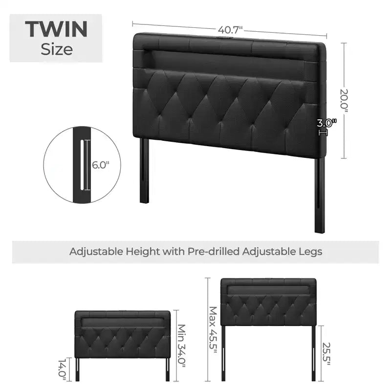 Cabecero tapizado con luces LED y estación de carga, cabecero de tela moderno para dormitorio, altura ajustable y fácil montaje, negro