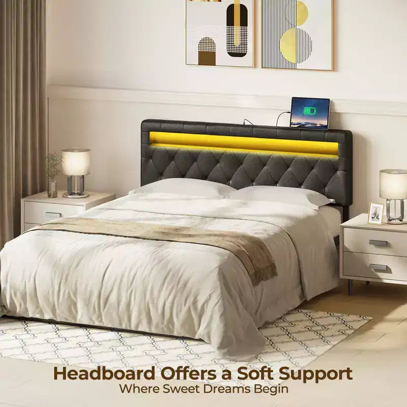 Greenstell Upholstered Headboard with LED Lights & Charging Station, Modern Fabric Headboard for Bedroom, Adjustable Height & Easy Assembly, Black