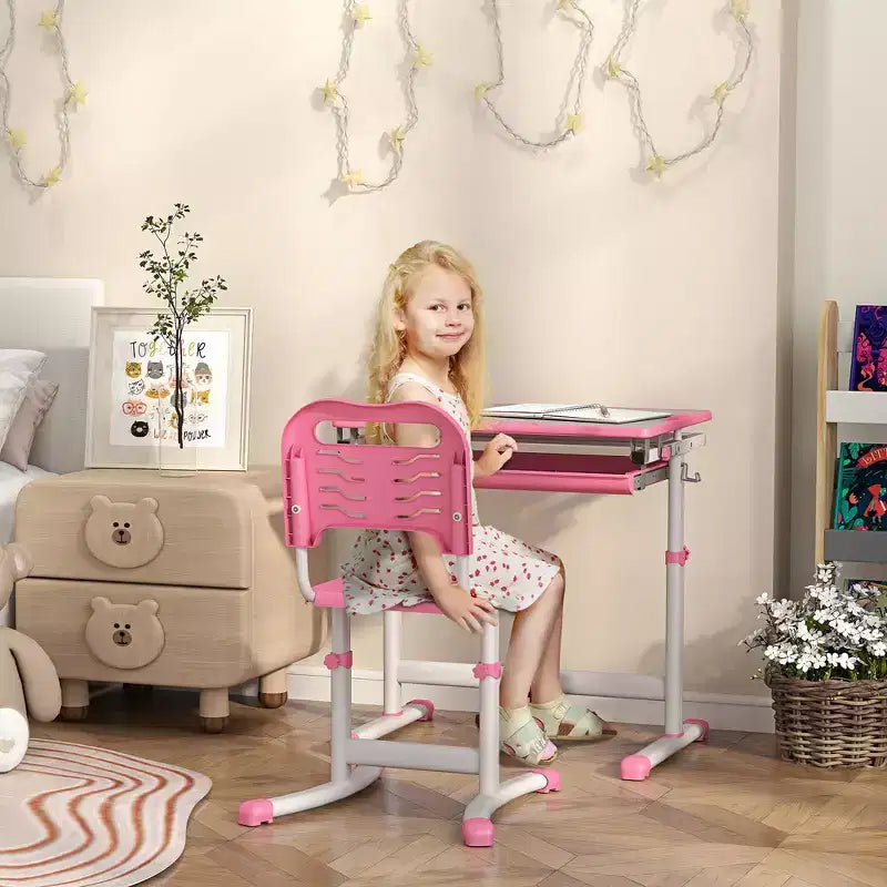Escritorio de estudio para niños con altura regulable, mesa y sillas ergonómicas para niños con construcción de MDF - Rosa