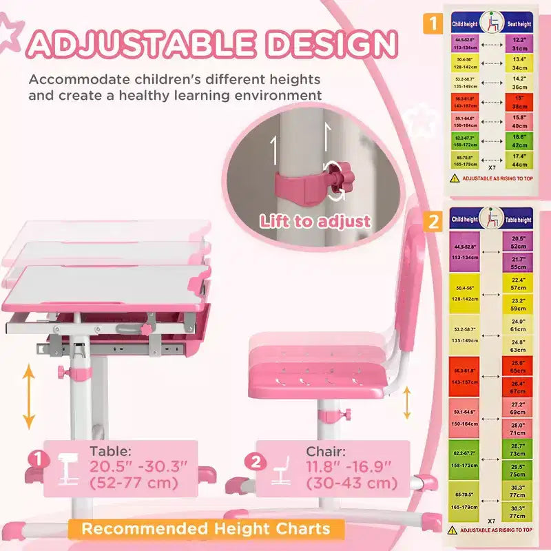 Escritorio de estudio para niños con altura regulable, mesa y sillas ergonómicas para niños con construcción de MDF - Rosa