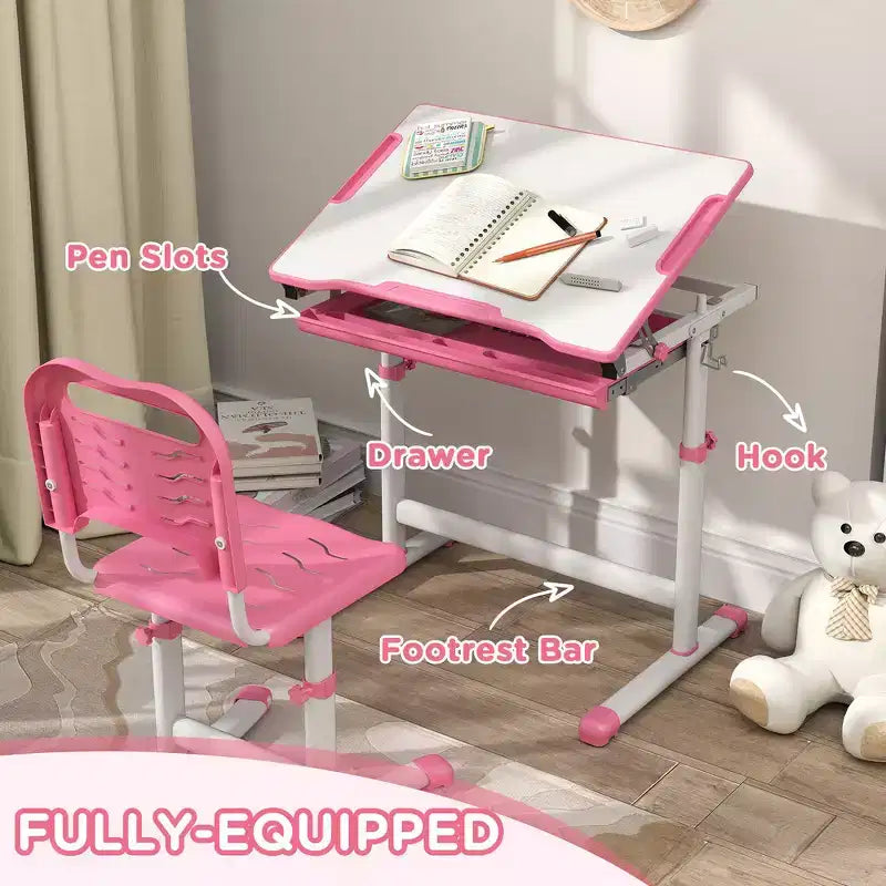 Escritorio de estudio para niños con altura regulable, mesa y sillas ergonómicas para niños con construcción de MDF - Rosa
