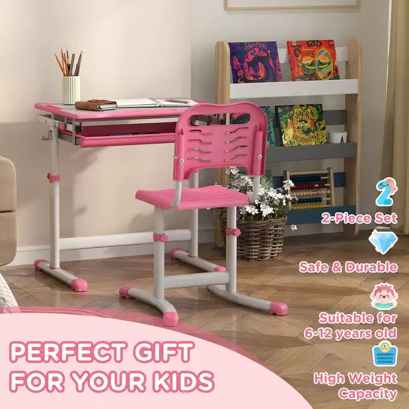 Escritorio de estudio para niños con altura regulable, mesa y sillas ergonómicas para niños con construcción de MDF - Rosa