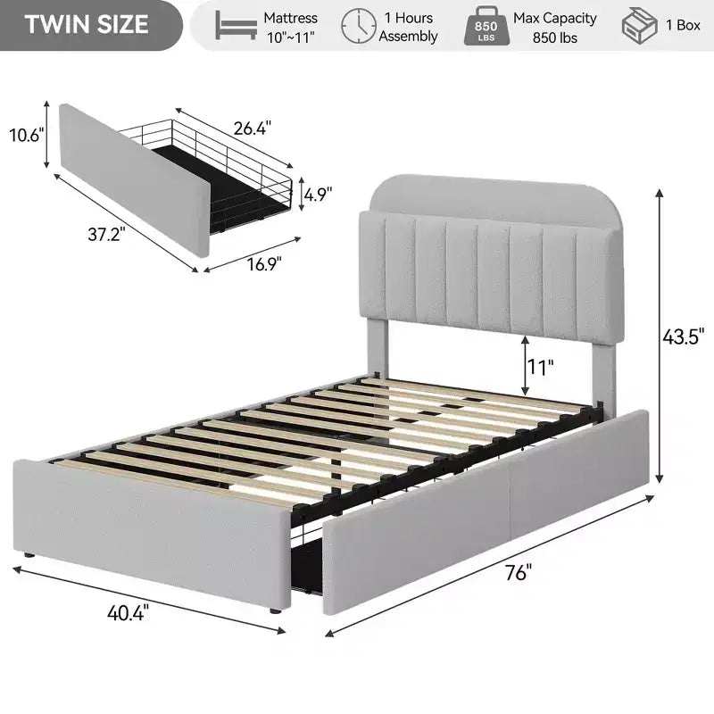 Estructura de cama con 2 cajones flexibles, estructura de cama tipo plataforma tapizada en bouclé con cabecero de estantería, cama individual para niños, no necesita somier