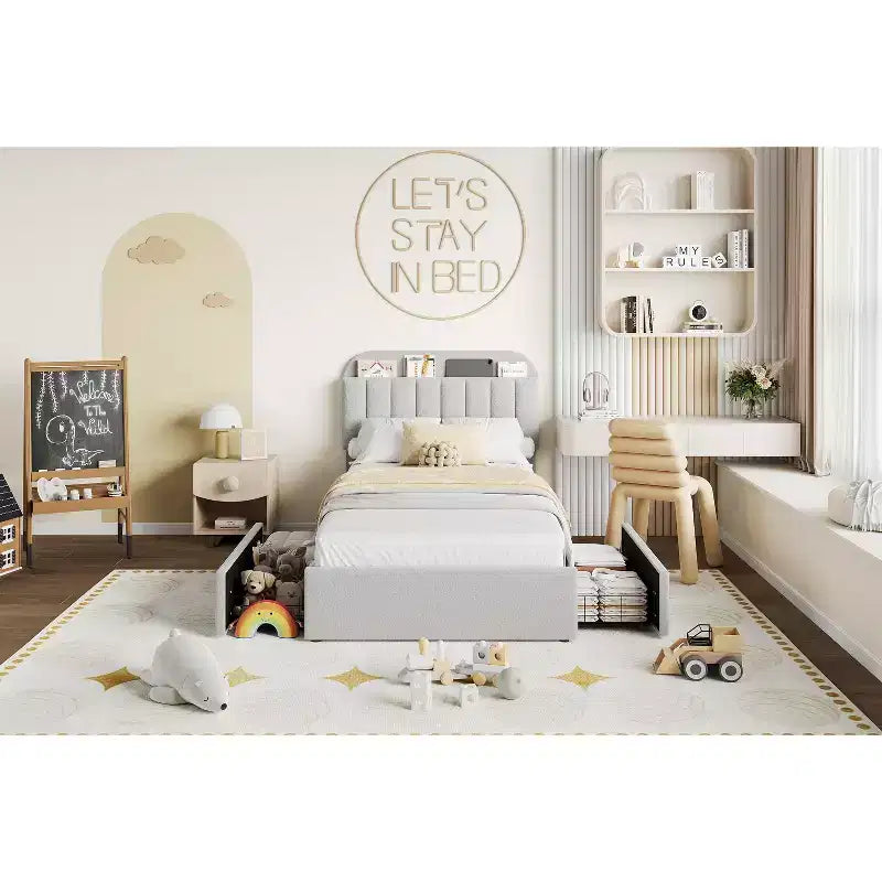 Estructura de cama con 2 cajones flexibles, estructura de cama tipo plataforma tapizada en bouclé con cabecero de estantería, cama individual para niños, no necesita somier