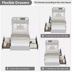 Estructura de cama con 2 cajones flexibles, estructura de cama tipo plataforma tapizada en bouclé con cabecero de estantería, cama individual para niños, no necesita somier