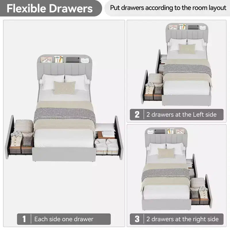 Estructura de cama con 2 cajones flexibles, estructura de cama tipo plataforma tapizada en bouclé con cabecero de estantería, cama individual para niños, no necesita somier