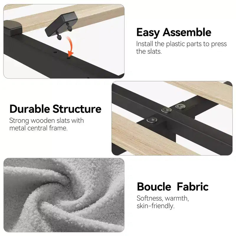 Estructura de cama con 2 cajones flexibles, estructura de cama tipo plataforma tapizada en bouclé con cabecero de estantería, cama individual para niños, no necesita somier