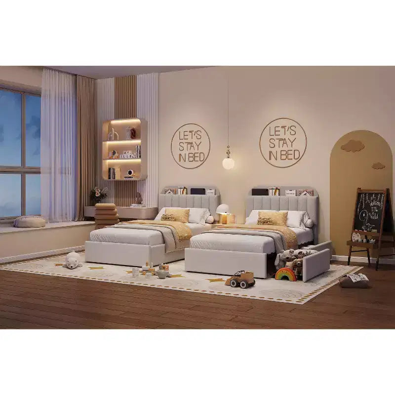 Estructura de cama con 2 cajones flexibles, estructura de cama tipo plataforma tapizada en bouclé con cabecero de estantería, cama individual para niños, no necesita somier