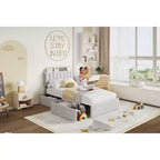 Estructura de cama con 2 cajones flexibles, estructura de cama tipo plataforma tapizada en bouclé con cabecero de estantería, cama individual para niños, no necesita somier