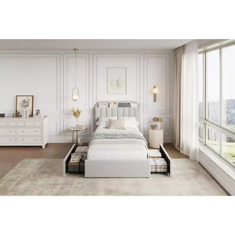 Estructura de cama con 2 cajones flexibles, estructura de cama tipo plataforma tapizada en bouclé con cabecero de estantería, cama individual para niños, no necesita somier