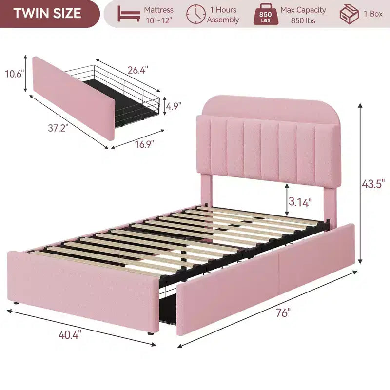 Estructura de cama con 2 cajones flexibles, estructura de cama tipo plataforma tapizada en bouclé con cabecero de estantería, cama individual para niños, no necesita somier