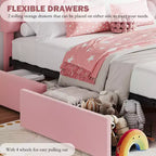 Estructura de cama con 2 cajones flexibles, estructura de cama tipo plataforma tapizada en bouclé con cabecero de estantería, cama individual para niños, no necesita somier