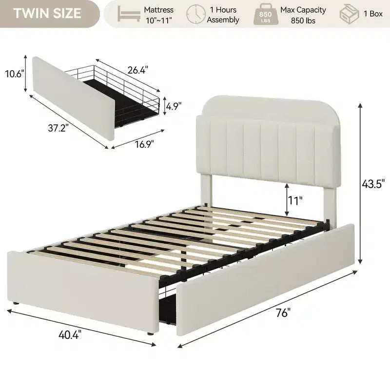 Estructura de cama con 2 cajones flexibles, estructura de cama tipo plataforma tapizada en bouclé con cabecero de estantería, cama individual para niños, no necesita somier